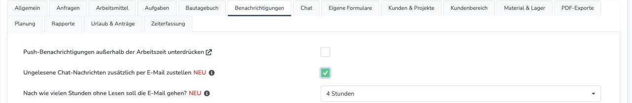 Einstellung: Ungelesene Chat-Nachrichten zusätzlich per E-Mail zustellen
