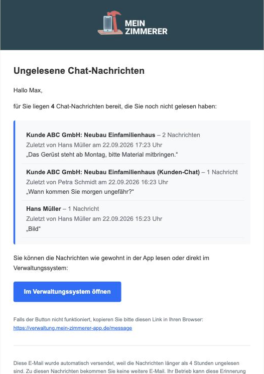 Beispiel einer Erinnerungs-E-Mail zu ungelesenen Chat-Nachrichten
