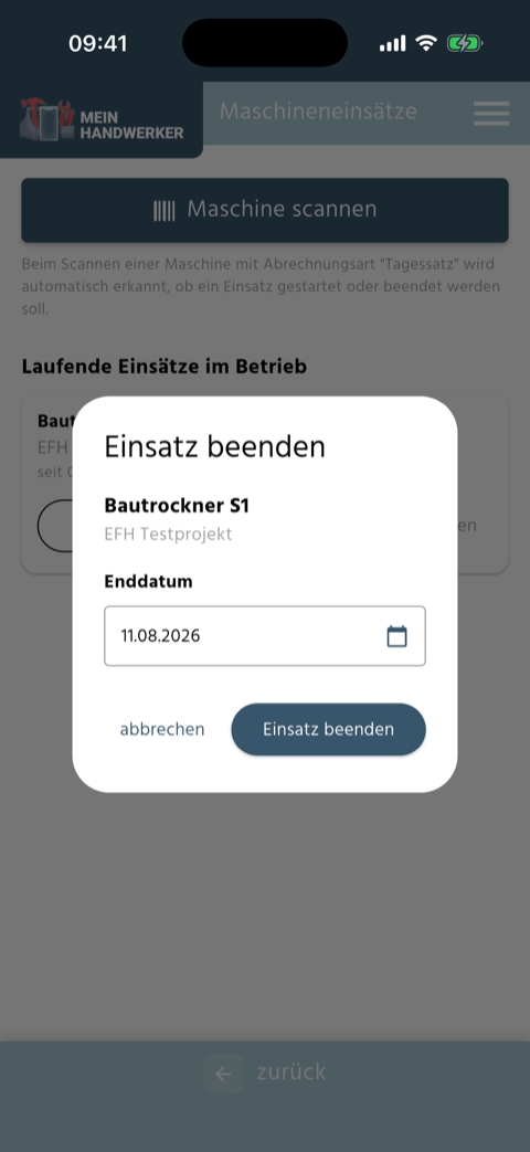 Dialog Einsatz beenden in der App mit Maschinenname, Projekt und dem änderbaren Feld Enddatum