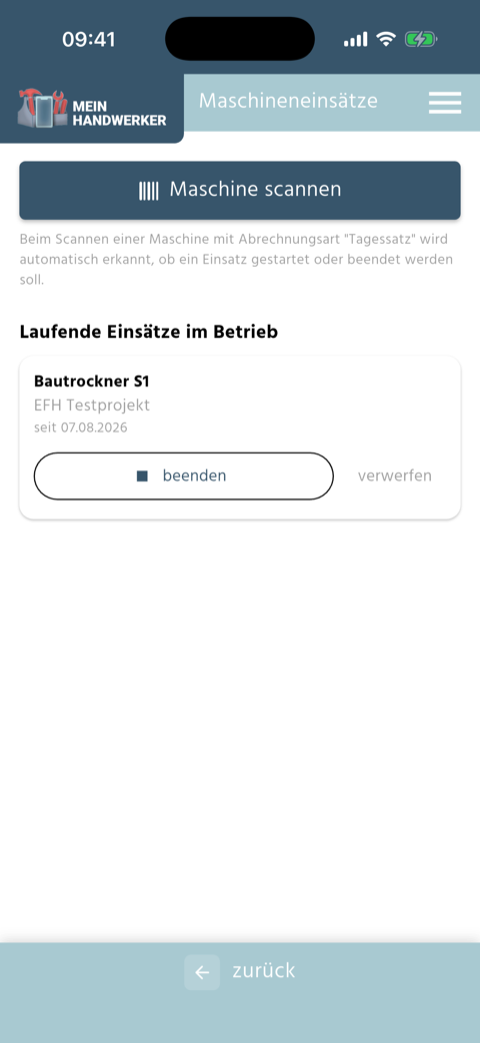 Übersicht Maschineneinsätze in der App mit einem laufenden Einsatz, Projektname, Startdatum und den Schaltflächen beenden und verwerfen