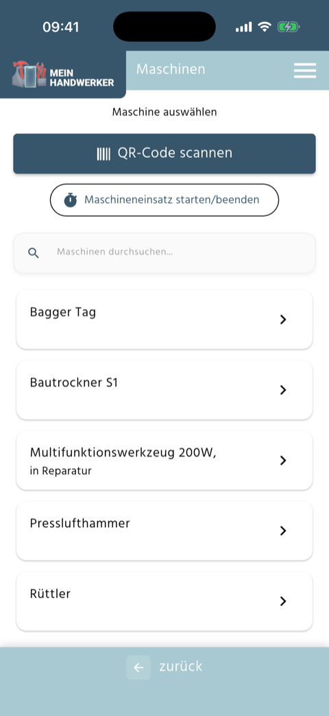 Bereich Maschinen in der App mit der Schaltfläche Maschineneinsatz starten/beenden unter dem QR-Code-Scanner