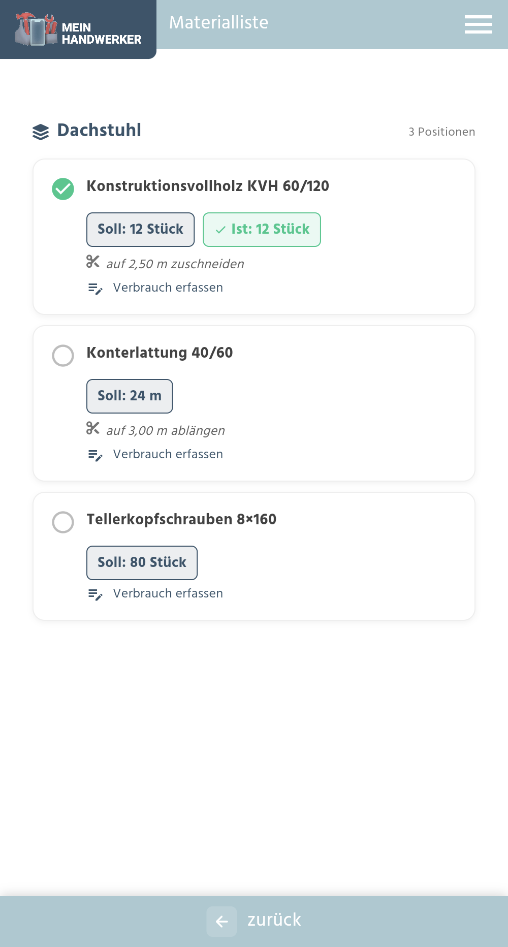 Materiallisten-Ansicht in der App mit Materialgruppe, Soll- und Ist-Mengen sowie Material zum Abhaken