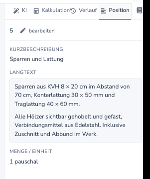 Reiter Position mit Kurzbeschreibung, Langtext sowie Menge und Einheit der ausgewählten Position