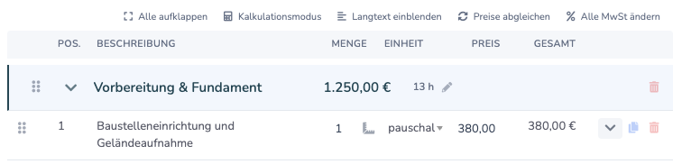 Schaltfläche Kalkulationsmodus über der Positionsliste eines Angebots