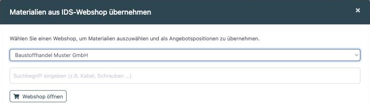 Fenster „Materialien aus IDS-Webshop übernehmen