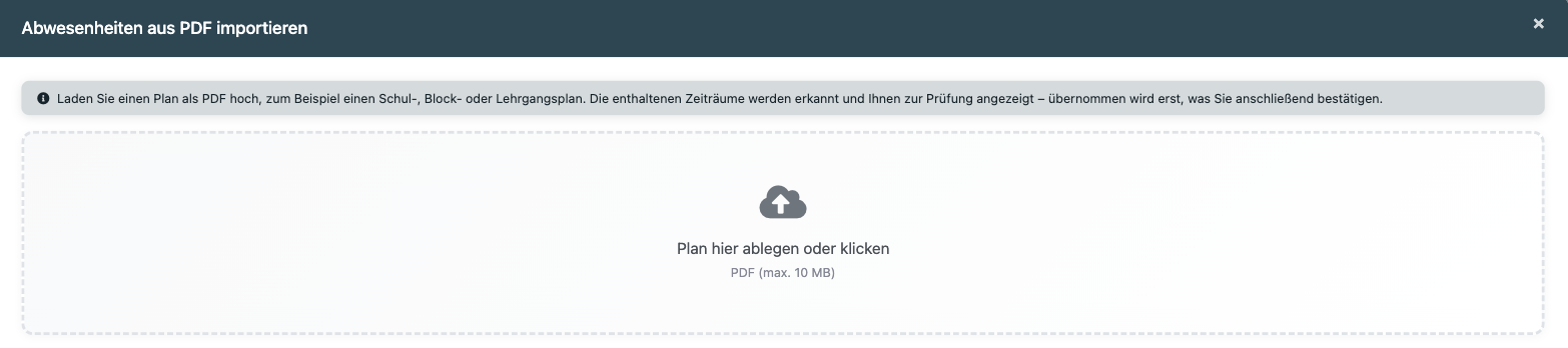 Upload-Fenster mit der Fläche zum Ablegen des PDF