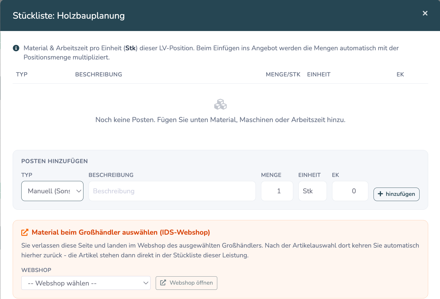 Abschnitt Material beim Großhändler auswählen (IDS-Webshop) mit Webshop-Auswahl und Button Webshop öffnen