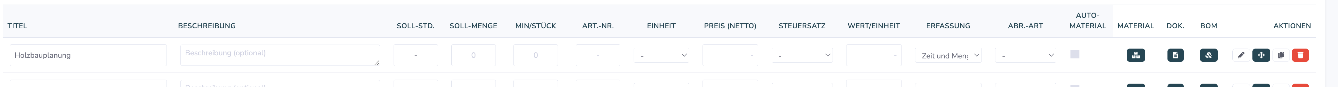 Zeile einer Leistung im Leistungsverzeichnis mit den Symbolen Material und BOM