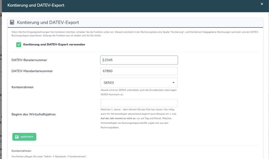 Einstellungsseite Kontierung und DATEV-Export mit aktiviertem Schalter, Beraternummer, Mandantennummer und Kontenrahmen