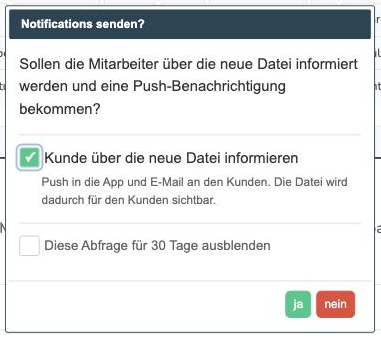 Upload-Dialog mit angehakter Checkbox Kunde über die neue Datei informieren