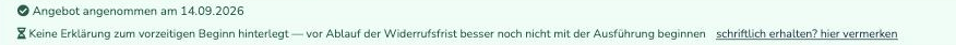 Hinweis am angenommenen Angebot mit dem Link 'schriftlich erhalten? hier vermerken'