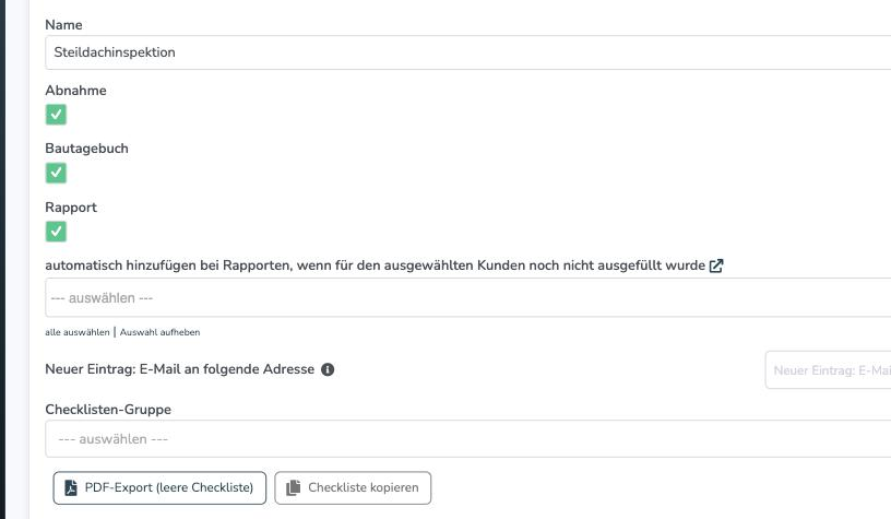 Checklisten-Bearbeitung mit dem Button PDF-Export (leere Checkliste)