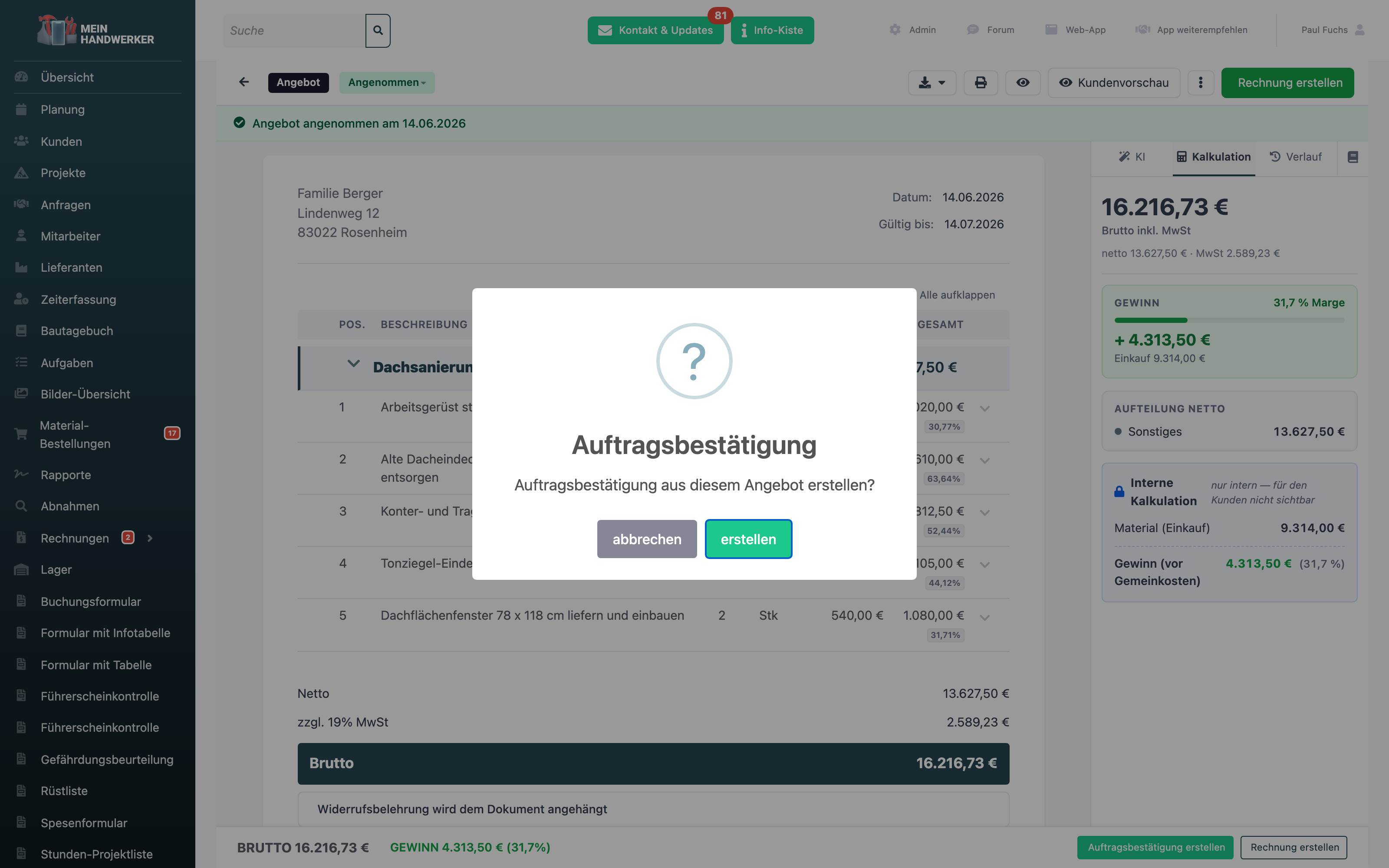 Bestätigungsdialog Auftragsbestätigung aus diesem Angebot erstellen