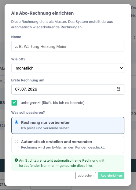 Fenster Als Abo-Rechnung einrichten mit Name, Rhythmus-Auswahl, Datum und den beiden Modus-Optionen