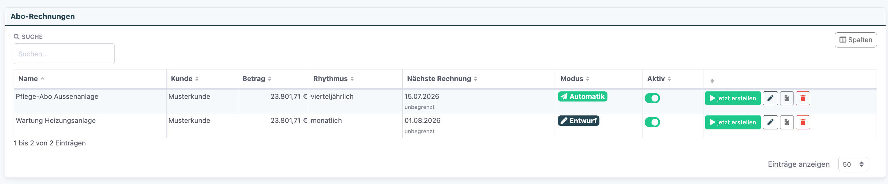 Übersicht Abo-Rechnungen mit Spalten Name, Kunde, Betrag, Rhythmus, nächste Rechnung, Modus und Aktiv-Schalter