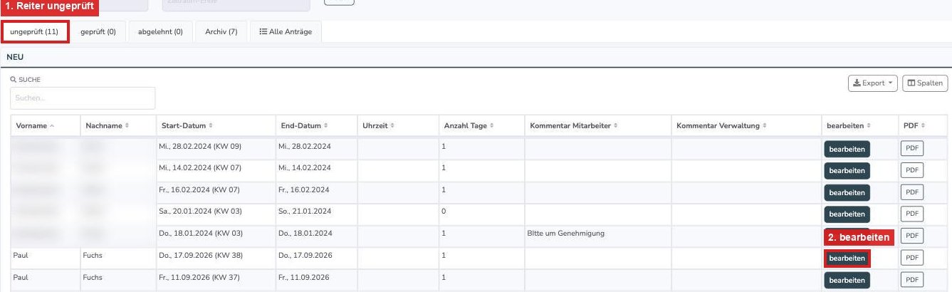 Antragsliste mit Reitern und dem Button bearbeiten