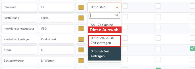 Auswahl der Art 0 für Soll- und Ist-Zeit