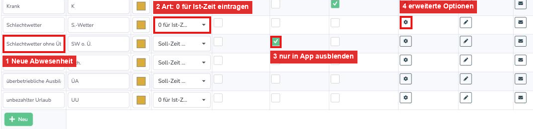Einrichtung der Schlechtwetter-Abwesenheiten