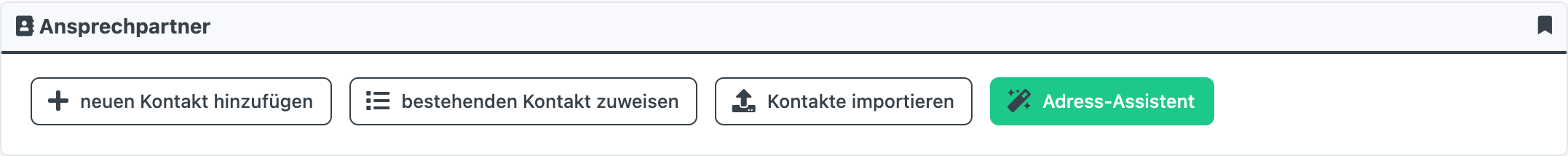 Reiter Kontakte und Adressen bei einem Kunden mit der Button-Leiste; der grüne Button Adress-Assistent steht rechts neben neuen Kontakt hinzufügen, bestehenden Kontakt zuweisen und Kontakte importieren