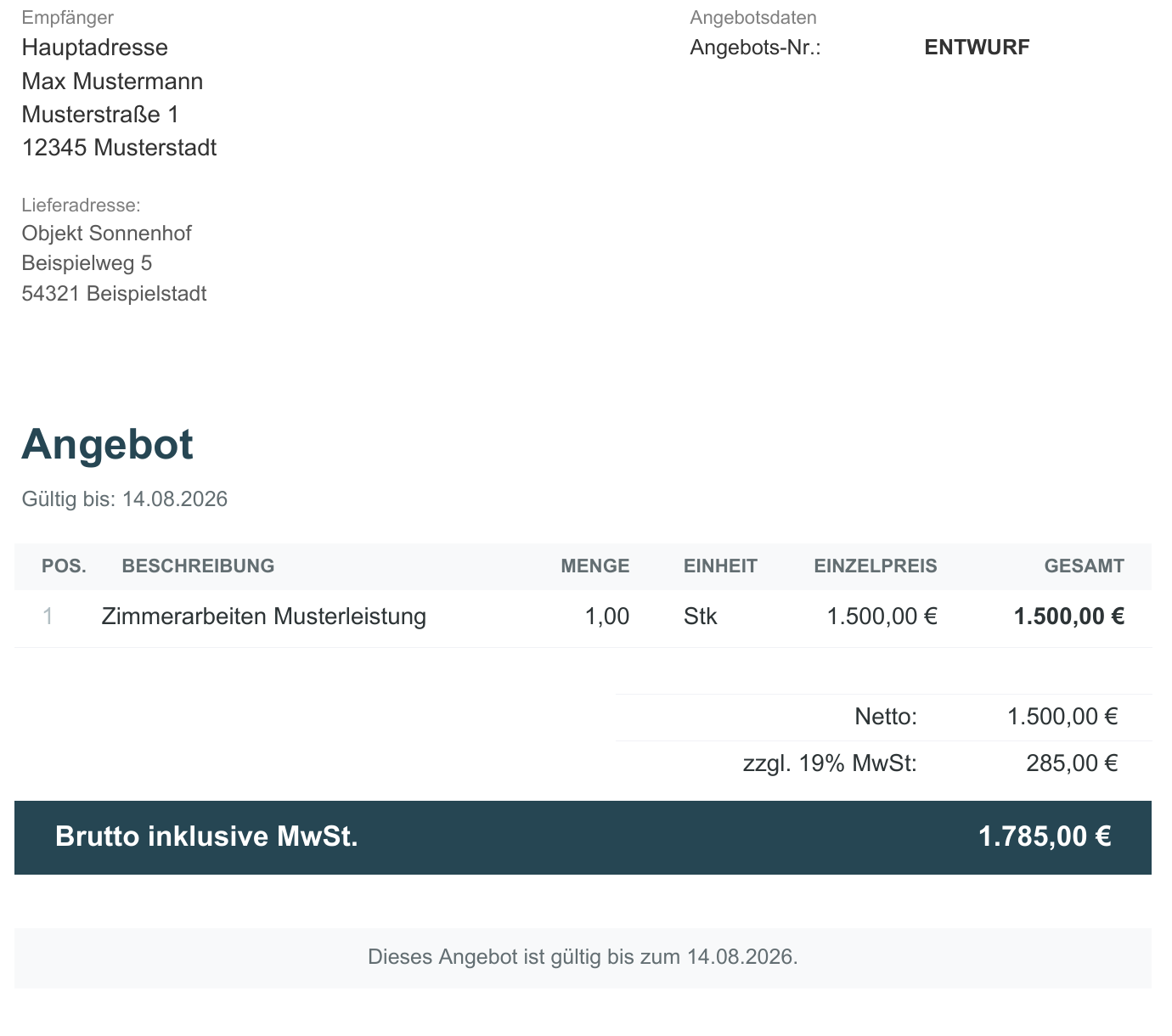 Angebots-PDF mit Empfängerblock oben und Lieferadress-Block darunter