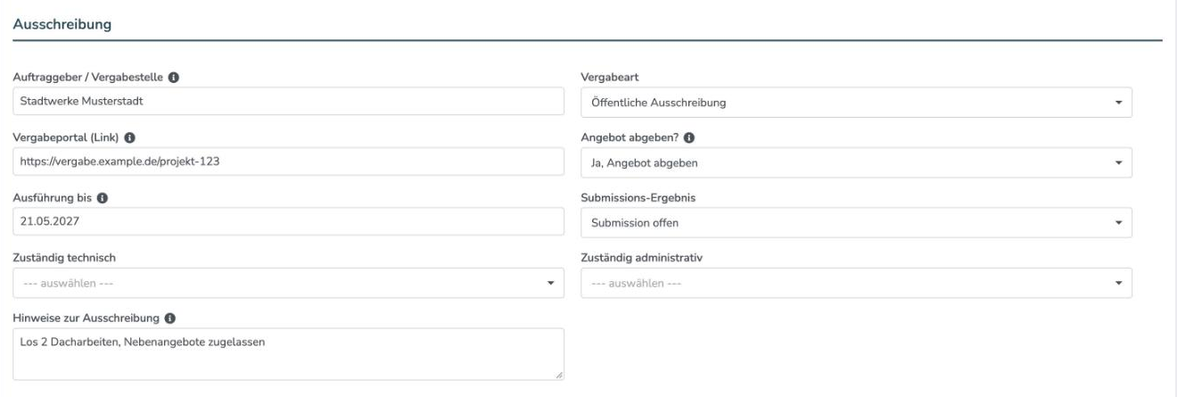 Abschnitt Ausschreibung in einer Anfrage