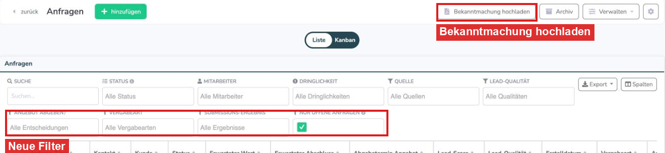 Anfragenliste mit dem Button Bekanntmachung hochladen und den neuen Filtern