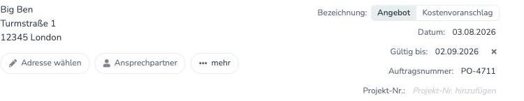 Angebots-Editor mit ausgefülltem Feld Auftragsnummer im Kopfbereich