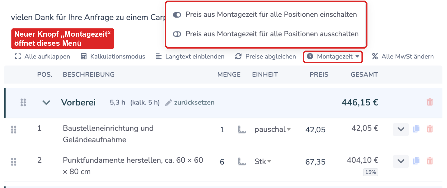 Menü des Knopfs Montagezeit in der Leiste über den Positionen mit den Einträgen für alle Positionen einschalten und ausschalten