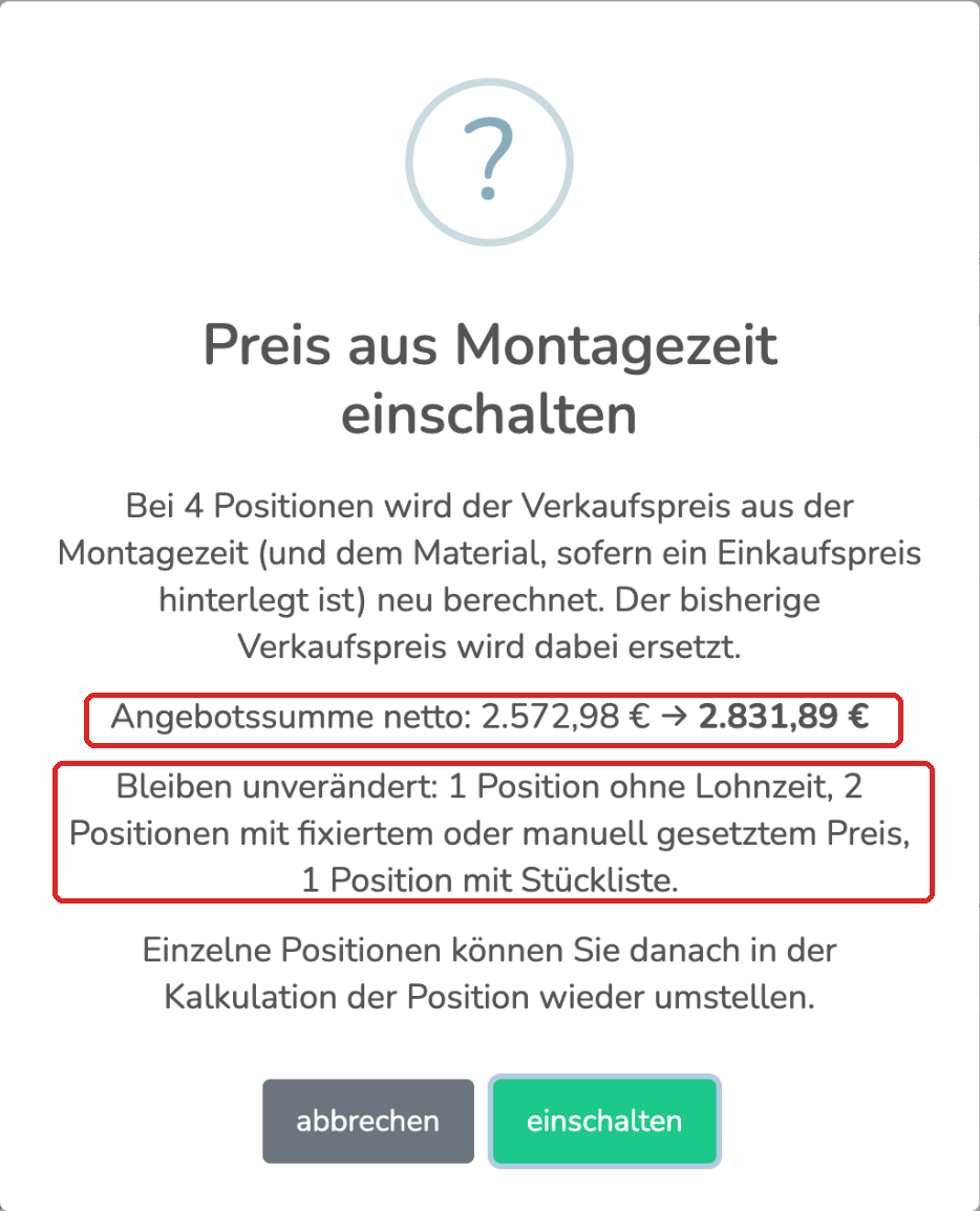 Rückfrage mit Anzahl der Positionen, alter und neuer Angebotssumme netto und den unverändert bleibenden Positionen