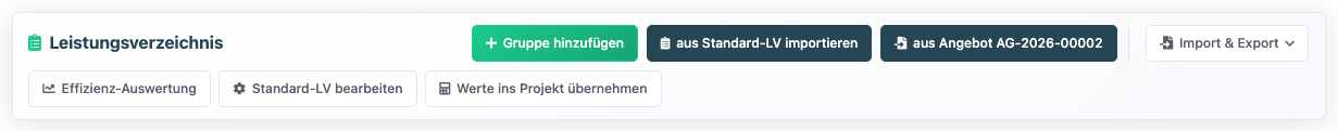 Reiter Leistungsverzeichnis mit der Schaltfläche aus Angebot