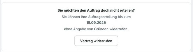 Bereich auf der Kunden-Annahmeseite mit der Frist und dem Button 'Vertrag widerrufen'