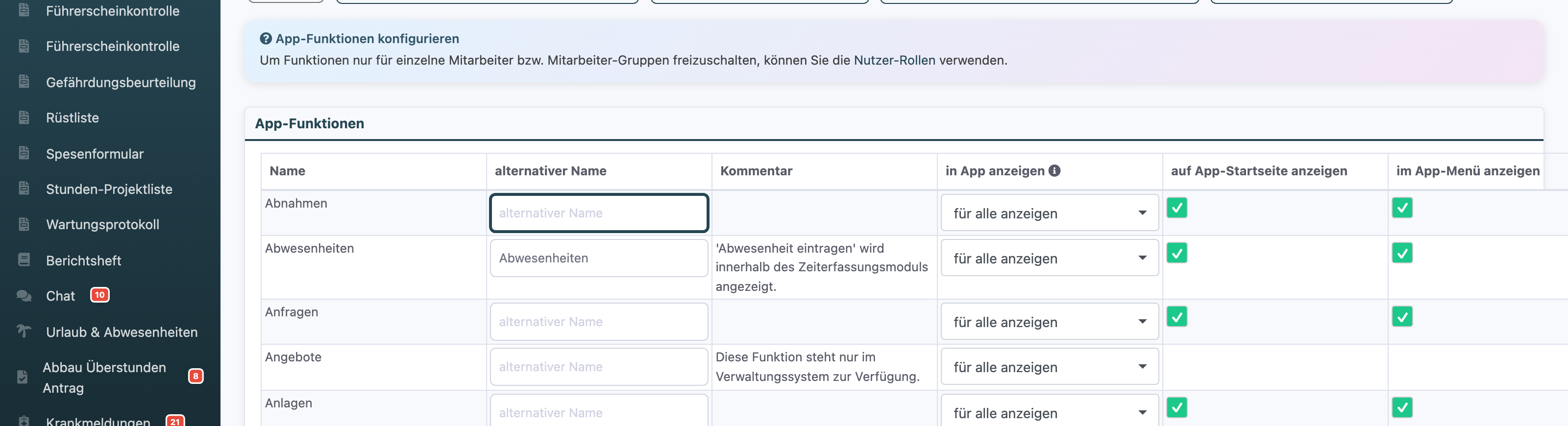 Bereich App-Funktionen mit der Zeile Angebote und der Auswahl für alle anzeigen