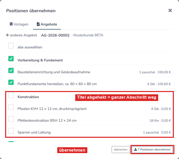 Positionsauswahl mit abgewähltem Titel „Konstruktion“ und dem Knopf „7 Positionen übernehmen“