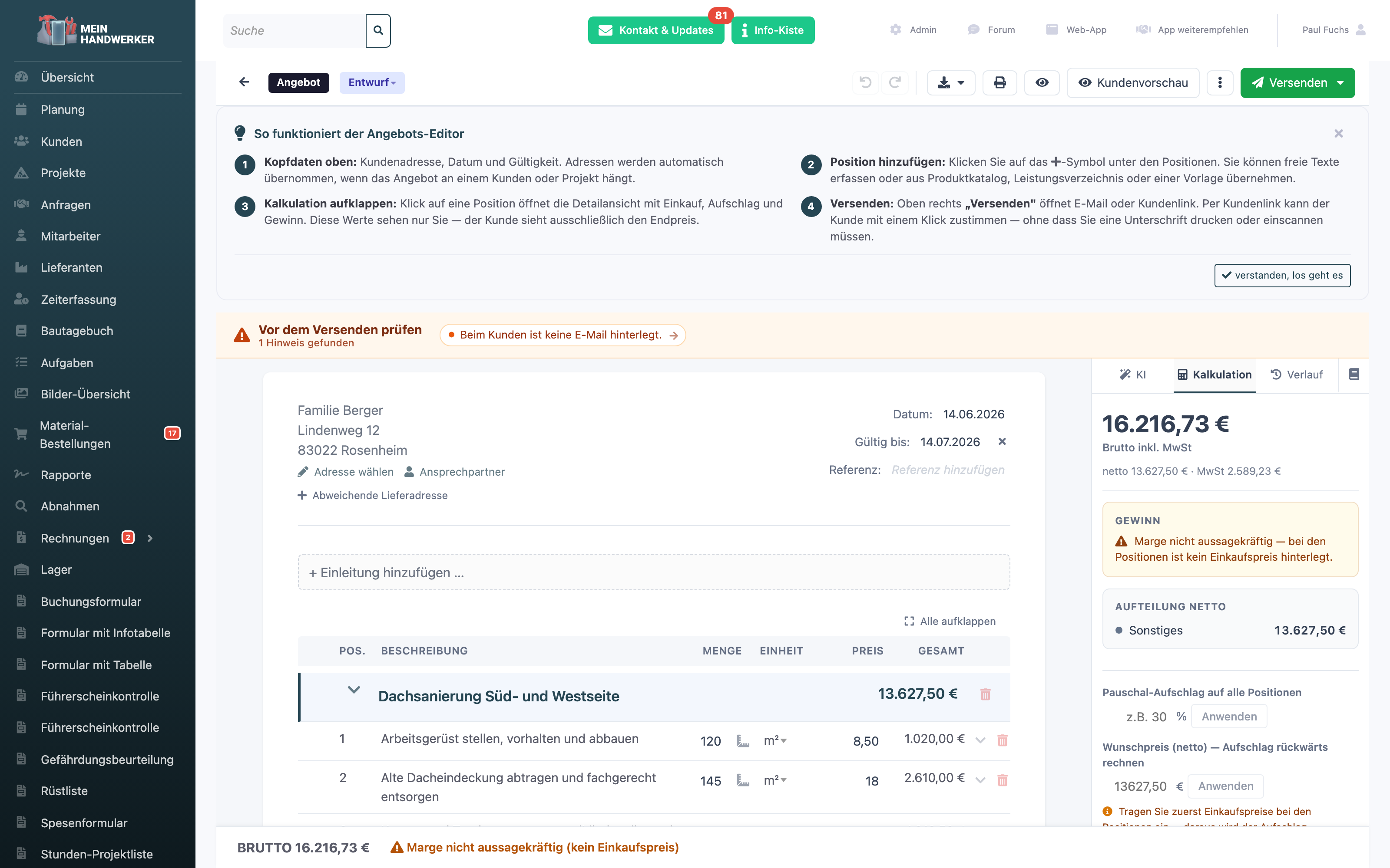 Angebots-Editor mit mehreren Positionen, Mengen und Preisen sowie der Kalkulations-Seitenleiste mit der Brutto-Summe