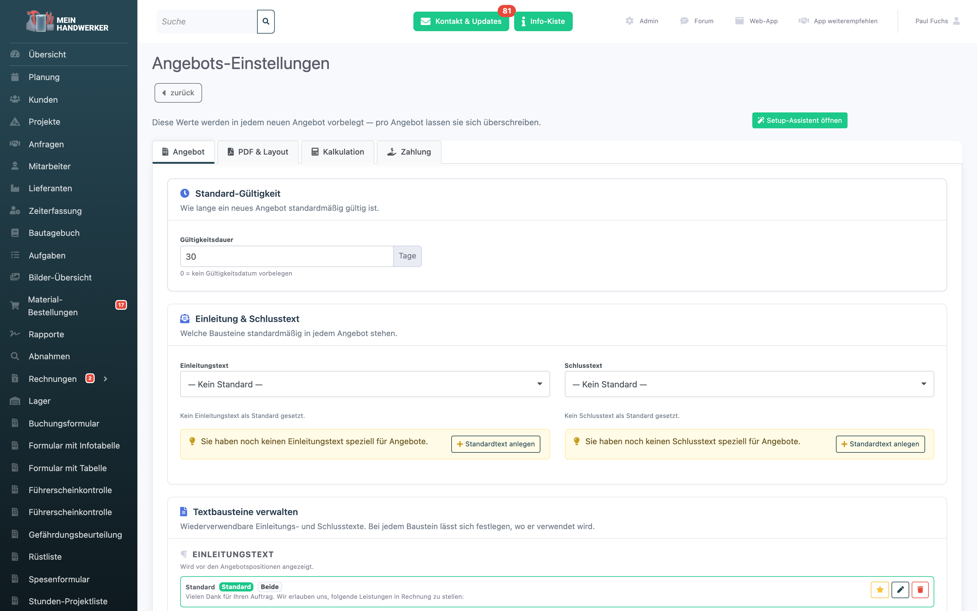 Angebots-Einstellungen mit den Reitern Angebot, PDF und Layout, Kalkulation und Zahlung sowie der Standard-Gültigkeit und den Standardtexten