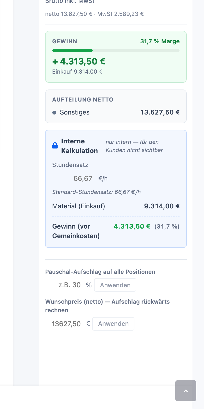 Kalkulations-Seitenleiste mit Gewinn, Marge in Prozent und der internen Kalkulation