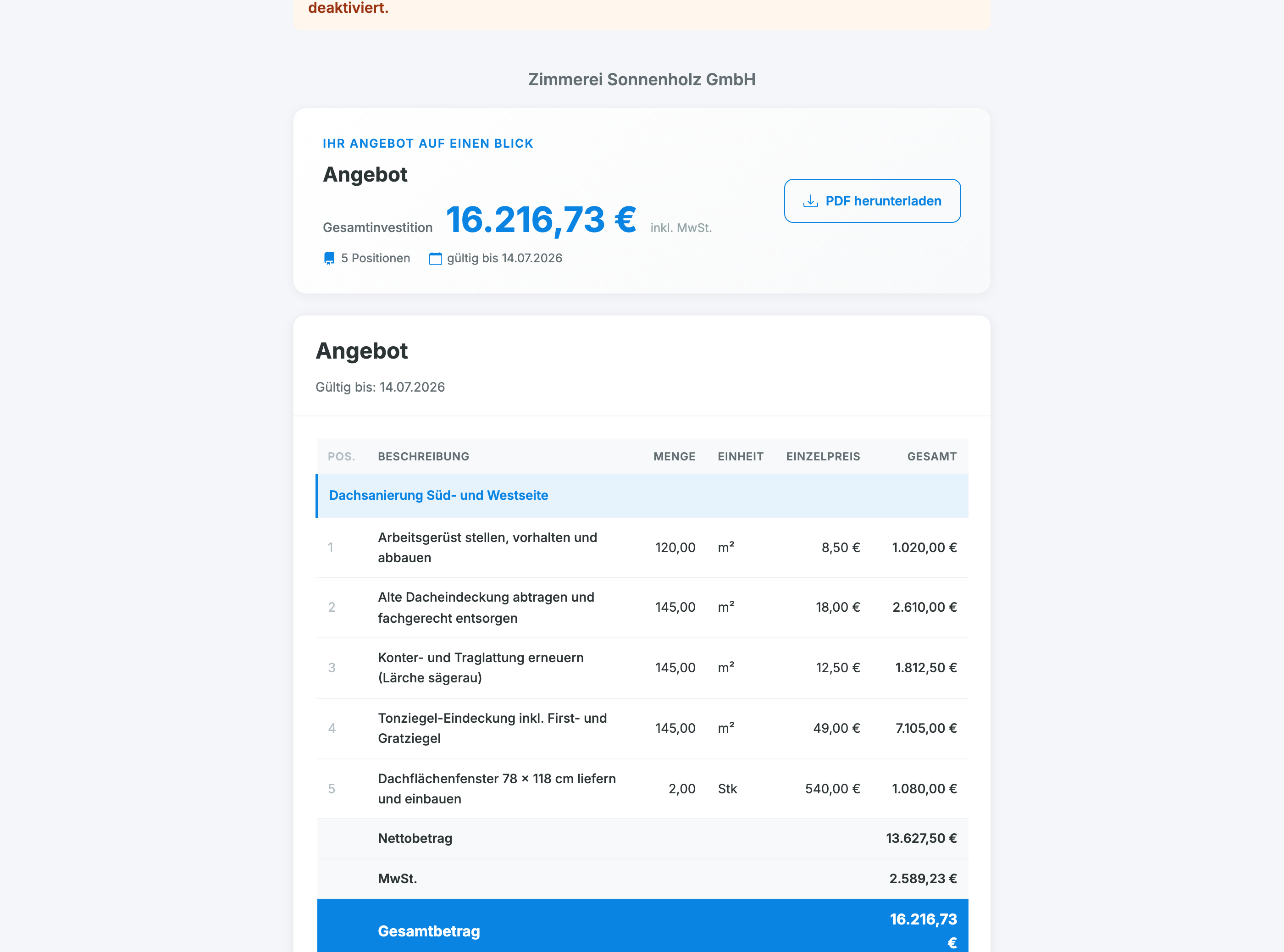 Online-Ansicht des Angebots aus Kundensicht mit Gesamtinvestition, PDF-Download und Positionsliste