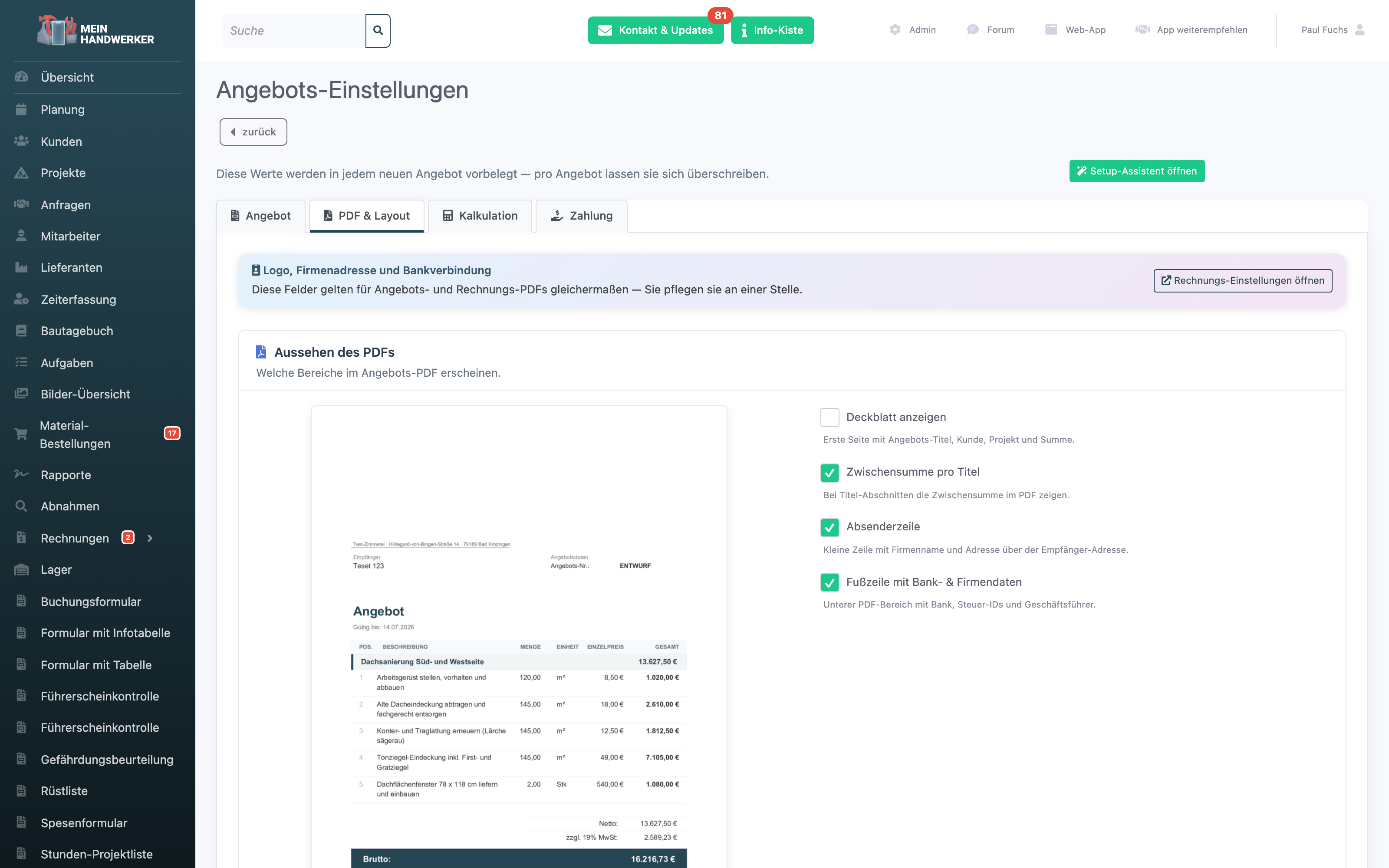 Einstellungs-Reiter PDF und Layout mit PDF-Vorschau und Schaltern für Deckblatt, Zwischensummen und Fußzeile