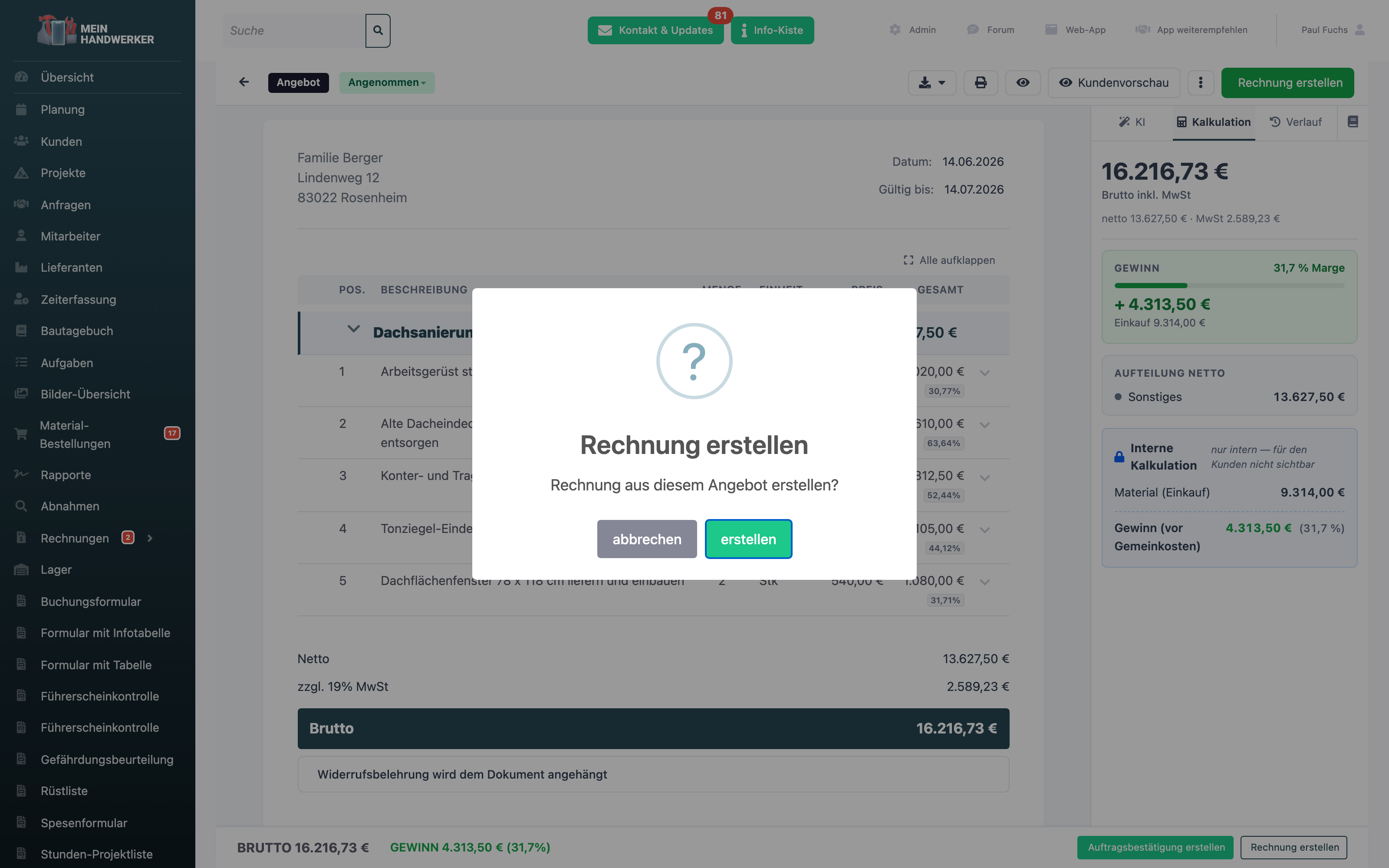 Bestätigungsdialog Rechnung aus diesem Angebot erstellen mit den Schaltflächen abbrechen und erstellen
