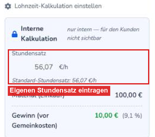 Feld Stundensatz in der internen Kalkulation des Angebots-Editors