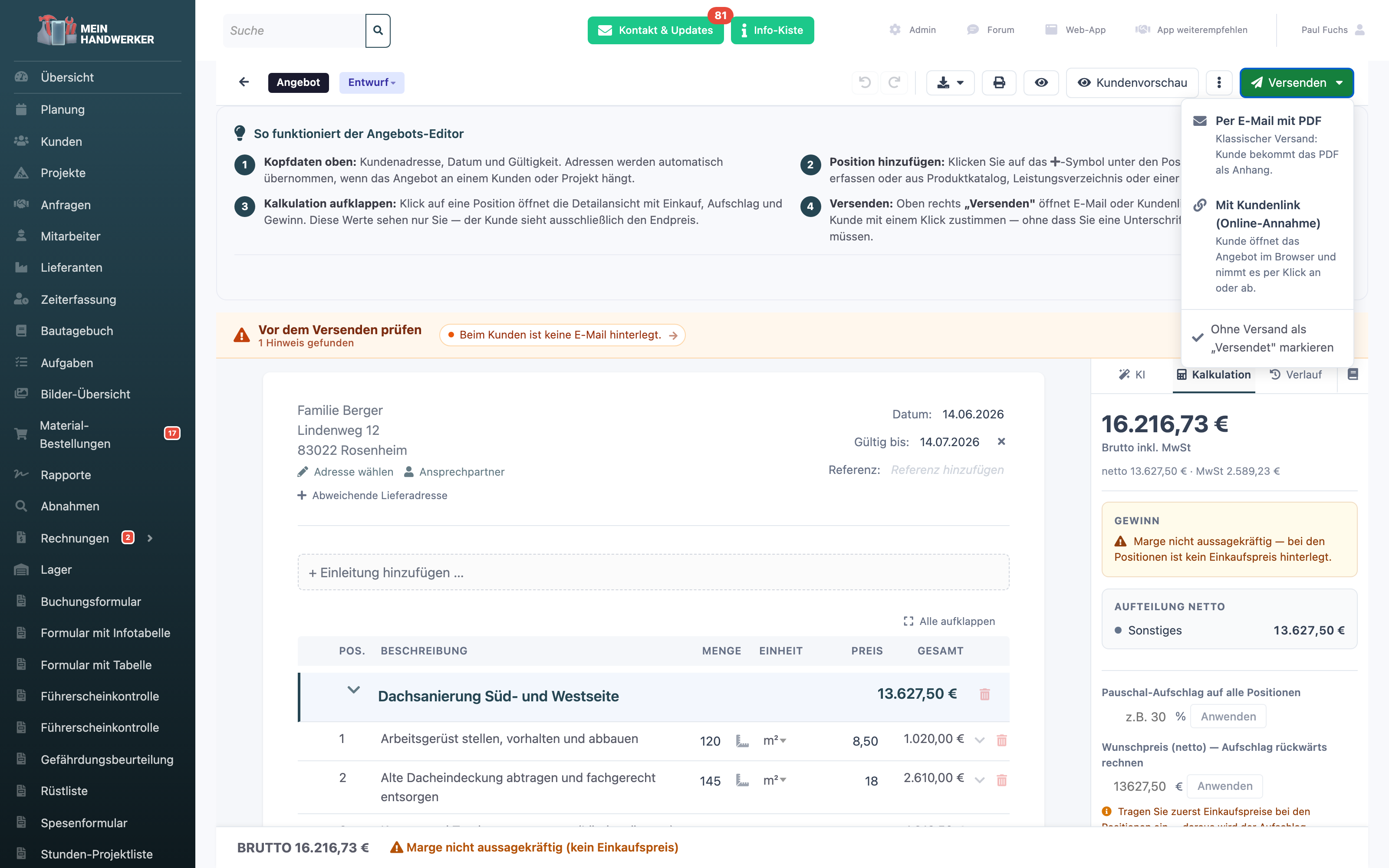 Menü beim Versenden mit den Optionen Per E-Mail mit PDF, Mit Kundenlink und Ohne Versand als versendet markieren