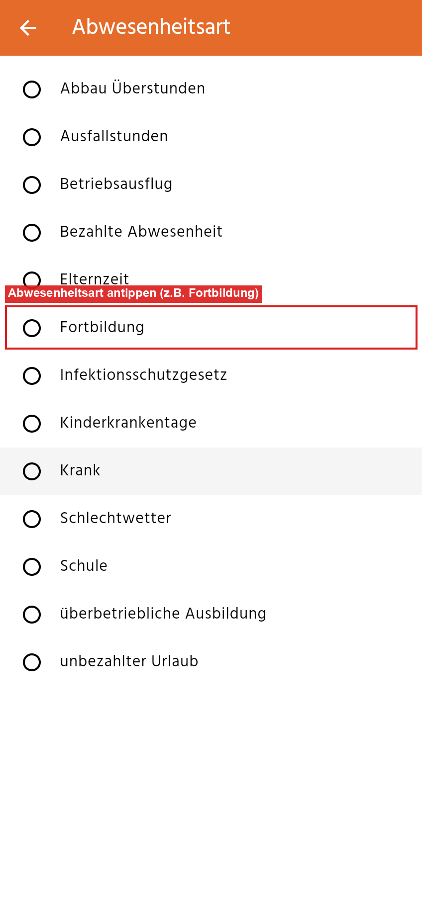 Auswahl der Abwesenheitsarten