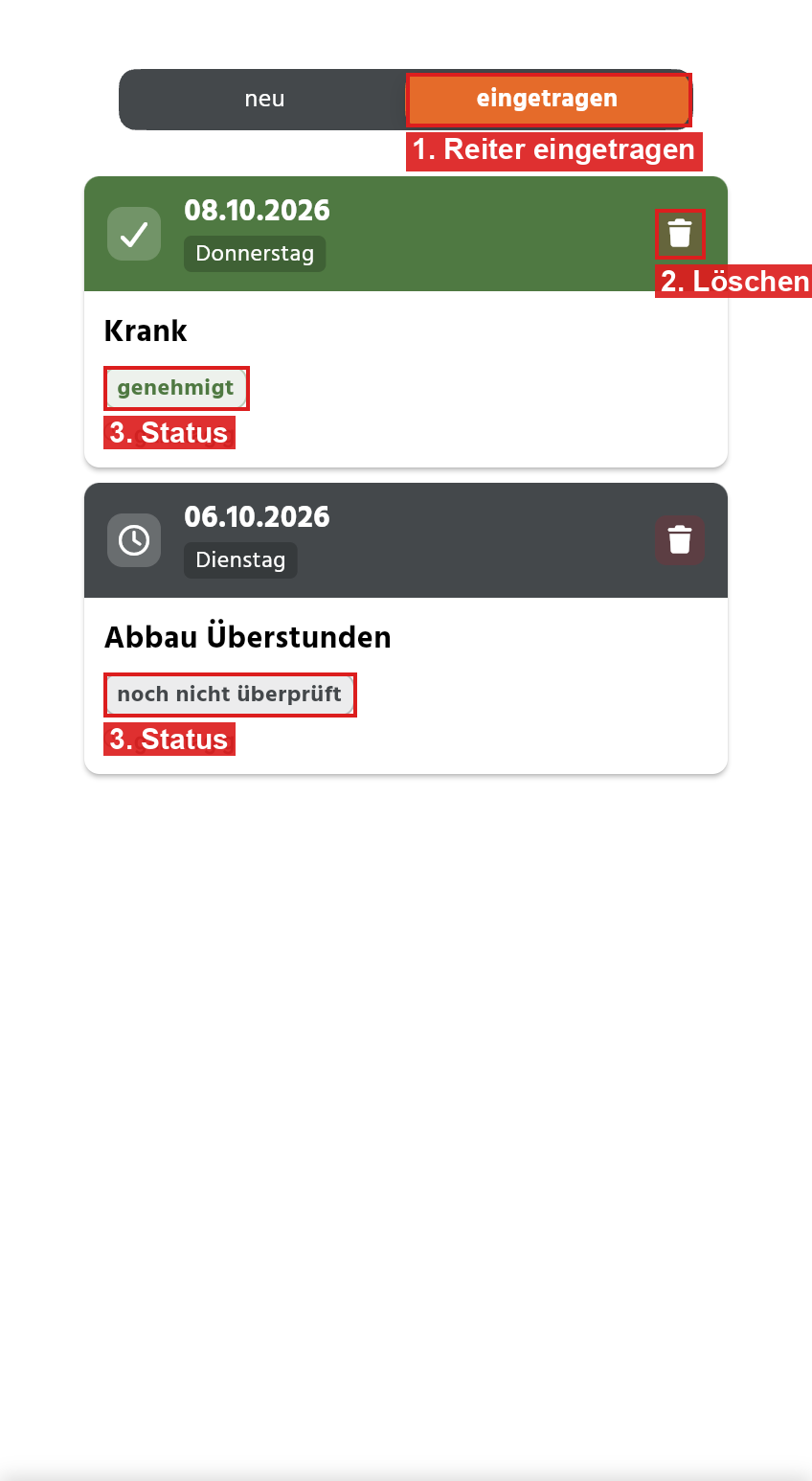 Reiter eingetragen mit Status und Papierkorb-Symbol