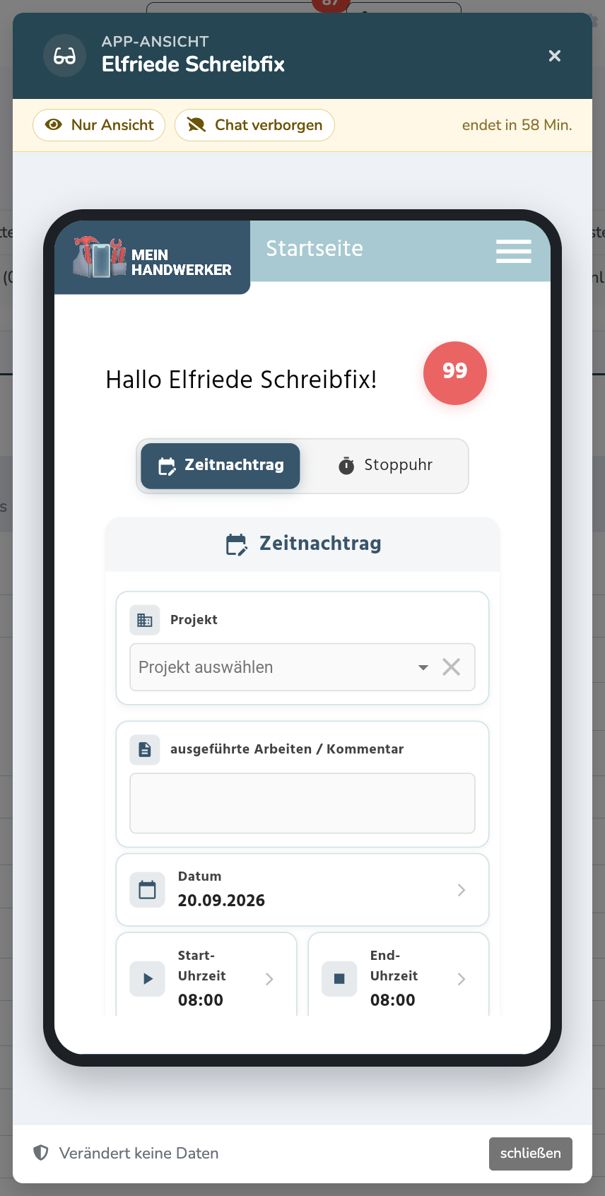Geöffnete App-Ansicht im Handy-Rahmen mit Name und Hinweisen