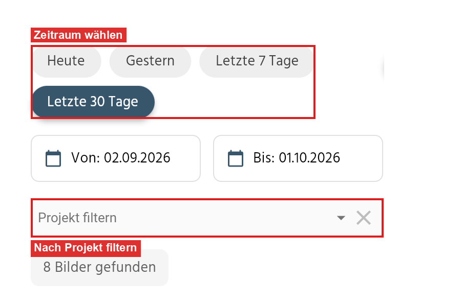 Bilder-Übersicht in der App mit Zeitraum und Projektfilter