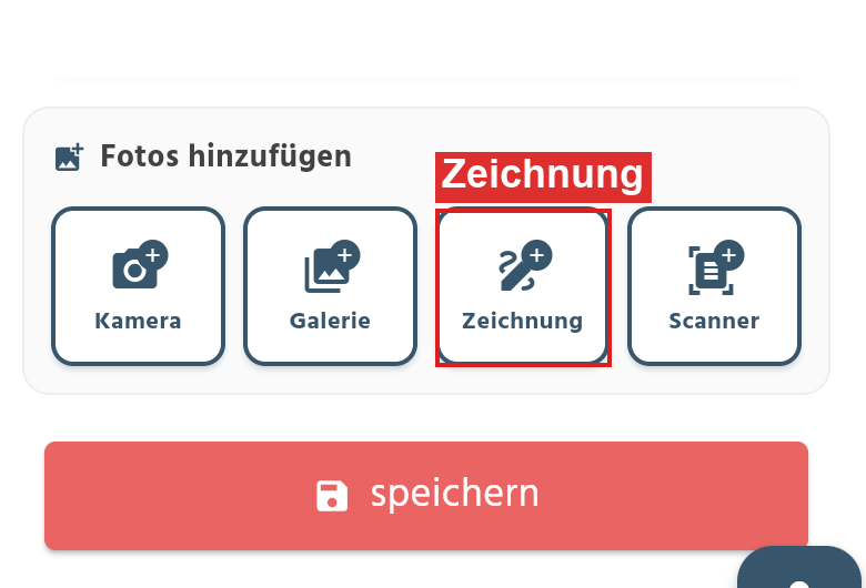 Bereich Fotos hinzufügen mit rot markiertem Button Zeichnung