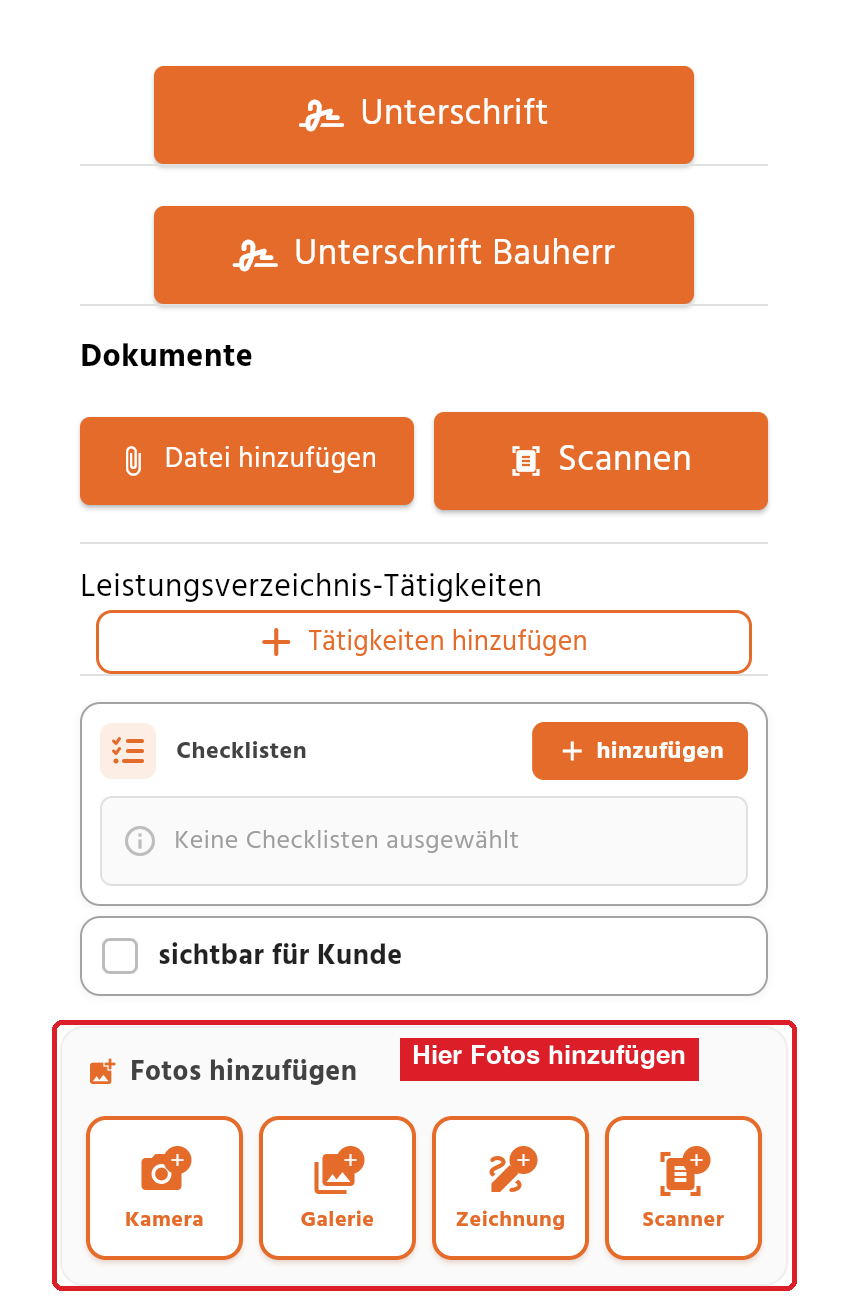 Bautagebuch in der App mit dem Kasten Fotos hinzufügen