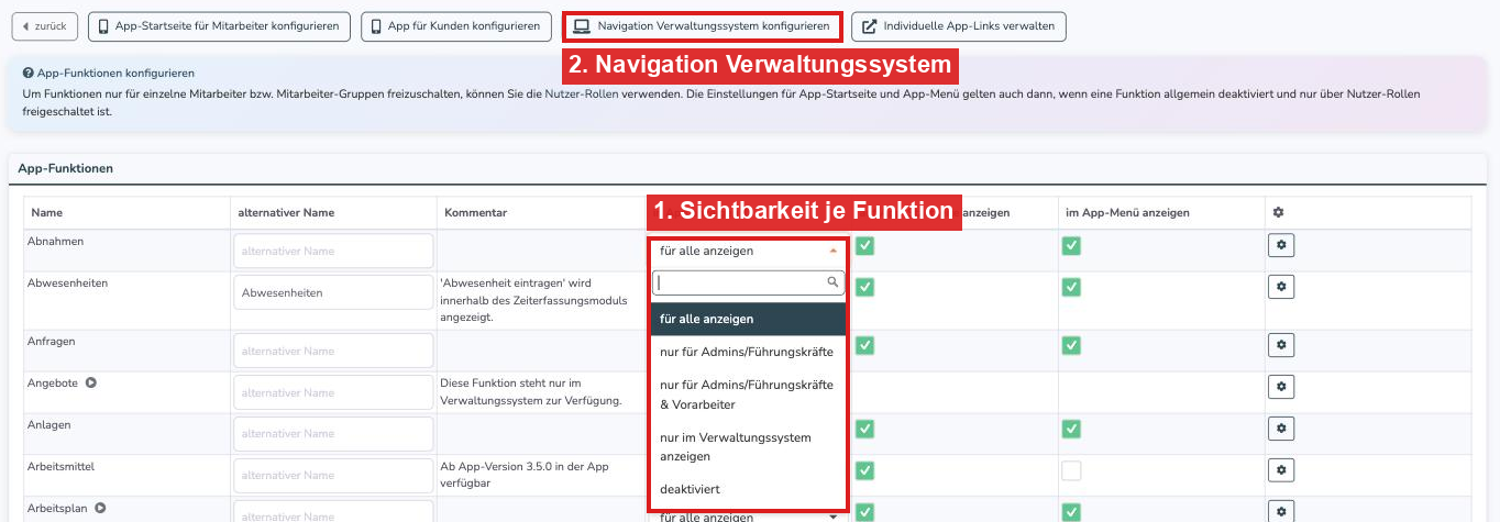 Seite App-Funktionen mit Auswahlfeld zur Sichtbarkeit je Funktion