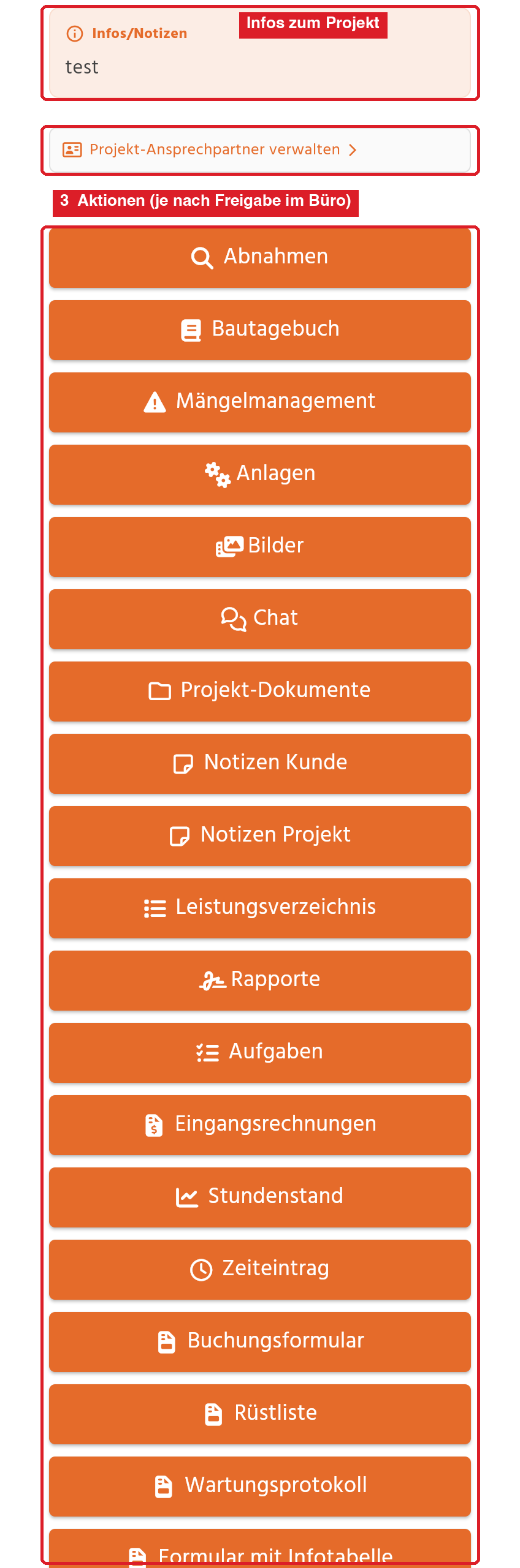 Aktionen der Projektübersicht in der App