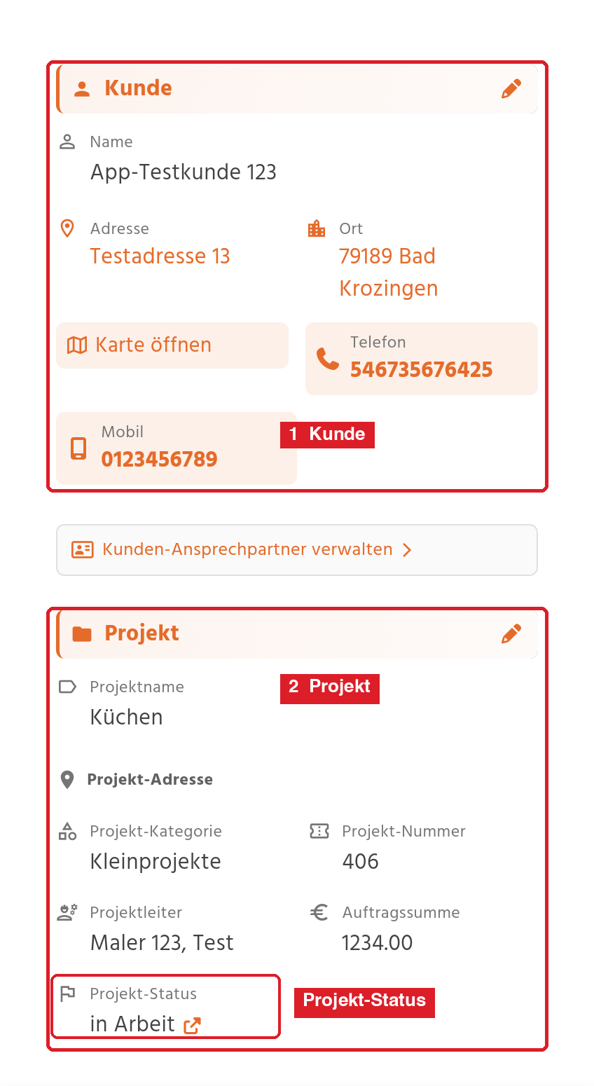 Übersicht mit den Abschnitten Kunde und Projekt in der App